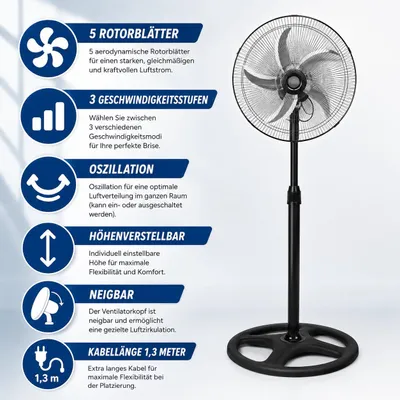Produktbild von Metall Standventilator 5 Rotorblätter Ventilator Luftkühler Standlüfter 3 Stufen Oszillation Höhenverstellbar Neigbar Robust 16" Zoll 40cm Schwarz