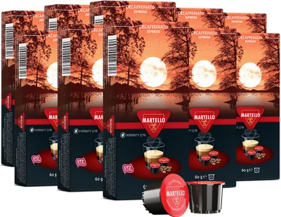 Multiple boxes of Martello Decaffeinato Espresso coffee pods arranged in a group.