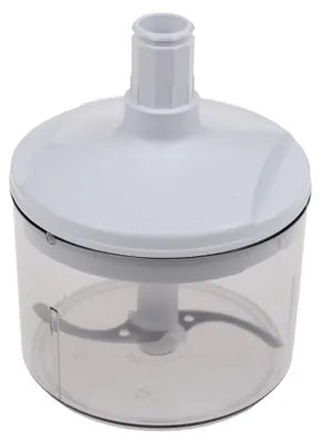 A white and clear plastic food chopper attachment for a kitchen machine.