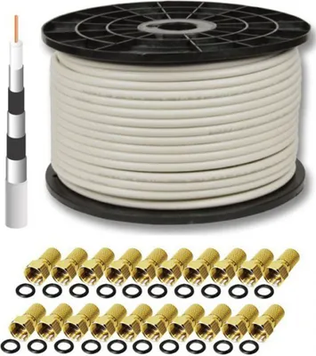 Produktbild von PremiumX DELUXE PRO Koaxial Kabel 135 dB 5-Fach geschirmt, reines Kupfer 100 Meter SAT Antennenkabel 100m 135dB + 20 F-Stecker 8mm in Farbe "GOLD" GRATIS DAZU