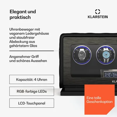 Produktbild von Klarstein LuminousTime Uhrenbeweger 4 Uhren – Automatik-Uhrenbeweger mit Flüsterleisem Japanischem Motor, LCD-Touchpanel & Fernbedienung, 20 TPD-Einstellungen, RGB & LED-Beleuchtung,