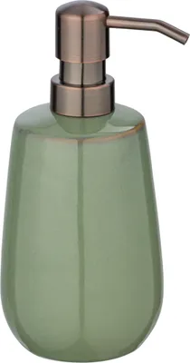 A green ceramic soap dispenser with a bronze pump mechanism.