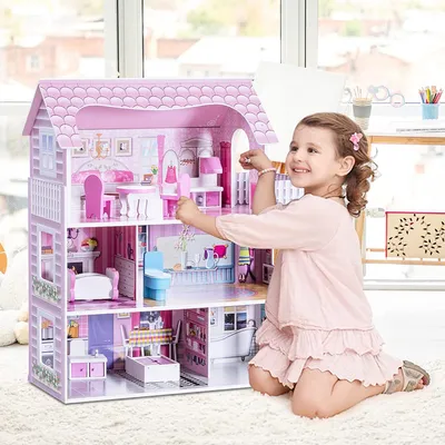 Produktbild von Puppenhaus Holz, Holzpuppenhaus mit Komplettem Zubehoer und Moebel, Dollhouse Puppenhaus Puppen für Kinder