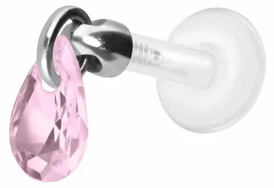 Produktbild von Ohrpiercing, Nasenpiercing PTFE Labret mit Innengewinde + Titan-Aufsatz KRISTALLTROPFEN Silber |  Kristall: Rosa Stablänge: 5mm | Stabstärke: 1,2mm