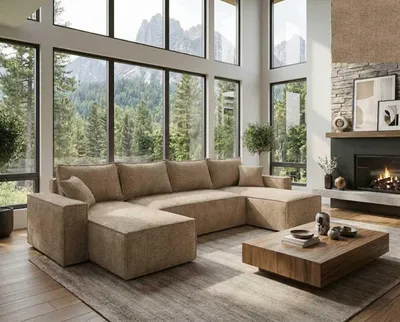 Produktbild von Das U-förmige Ecksofa FELINO von Nordelo  universell L/R, 150×310×90 cm, 150x280 Schlaffunktion Stoff Cremona Braun