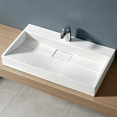 Produktbild von doporro Waschbecken Aufsatzwaschbecken Mineralguss Hängewaschbecken Waschtisch Weiß 80x46x11cm mit Armaturloch inkl. Ablaufgarnitur Colossum19
