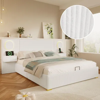 Produktbild von Merax Polsterbett 180x200 cm, Samt Bett mit LED Kopfteil, USB Anschlüssen, Hydraulischem Stauraum, Doppelbett mit Lattenrost, Flachbett, Beige