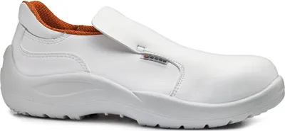 A white slip-on safety shoe with orange lining is shown from the side against a white background.