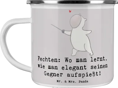 Produktbild von Mr. & Mrs. Panda Haferl Fechten Eleganz - Grau Pastell - Geschenk, Geschicklichkeit, Präzision, Teamsport, Sportler, Teetasse, Emaille Becher, Fechtliebhaber, Tasse