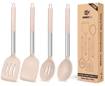 Obrázek produktu pro Sada kuchyňského náčiní ze silikonu, barva khaki, s nepřilnavým povrchem, odolná vůči teplu, bez BPA, nerezová ocel