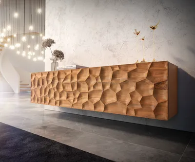 A modern living room with a wooden sideboard mounted on the wall.