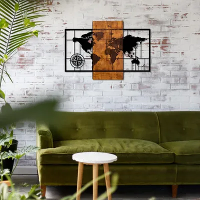 Zdjęcie produktu dla Wallity, Mapa świata z kompasem, dekoracja ścienna, orzech, metal, 58 x 85 cm