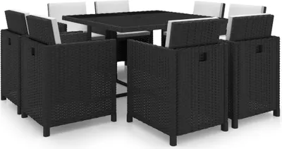 Produktbild von 9-tlg. Garten-Essgruppe mit Auflagen Poly Rattan Schwarz