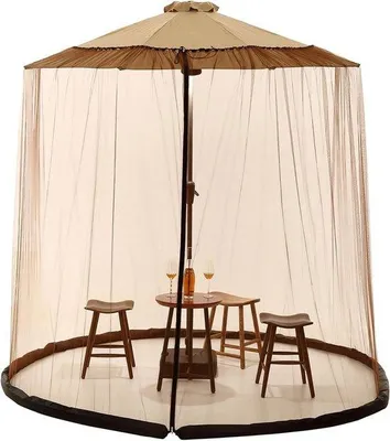 Produktbild von Famanu Insektenschutznetz für Gartenparasol - Verstellbar mit Reißverschlüssen - Füllbare Basis - 400 cm x 240 cm - Braun