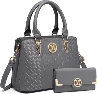 Produktbild von Miss Lulu Damen Handtasche Set Grau Kunstleder Henkeltasche Schultertasche Geldbörse