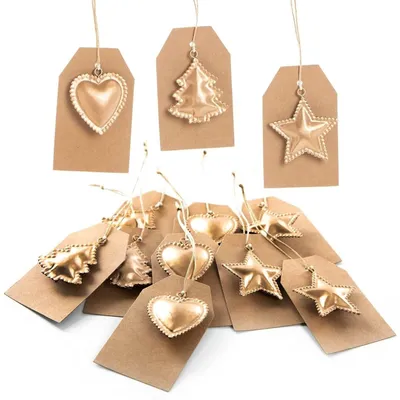 Produktbild von 12 Kraftpapieretiketten mit Metallanhänger Herz Stern Baum braun gold