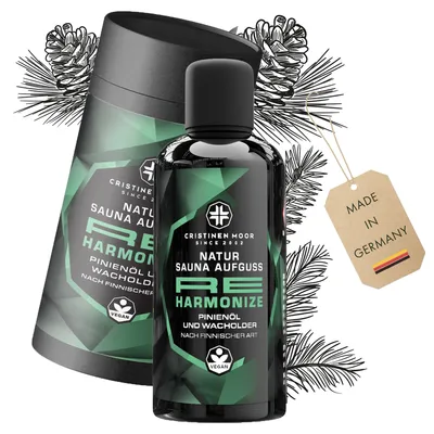 Produktbild von Cristinen Moor Saunaaufguss Pinienöl, Wacholder & Amyrisöl nach finnischer Art | Re Harmonize, 100ml, Saunaöl, Saunakonzentrat, vegan, Germany