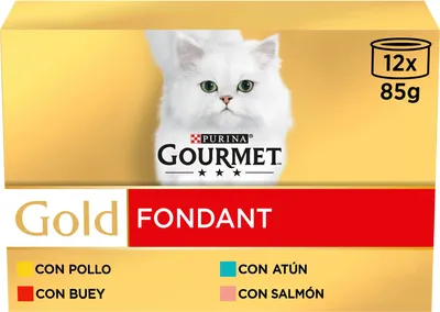 Imagen del producto de Gourmet Gold, alimento húmedo para gatos, sabor a ternera y atún, con trozos en salsa, 12 latas de 85 gramos