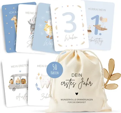 Produktbild von MeinBaby123® 50 Meilensteinkarten "Dein ersts Jahr" zum Ausfüllen inkl. Baumwollsäckchen, Geschenk zur Geburt, Meilensteinkarten Baby (blau)