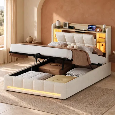 Imagen del producto de INONEFT, Cama hidráulica acolchada de 160x200 cm con LED, cama doble para jóvenes, cabecero con puertos USB y espacio de almacenamiento, tapizada en tejido tipo "teddy", color beige