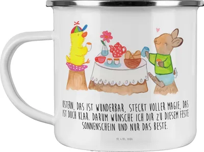 Produktbild von Mr. & Mrs. Panda Emaille Tasse Ostern Frühstück - Weiß - Geschenk, Pott, Ostereier, Teetasse, Picknick, Frühling, Osterhase, Outdoor, Blechtasse, becher