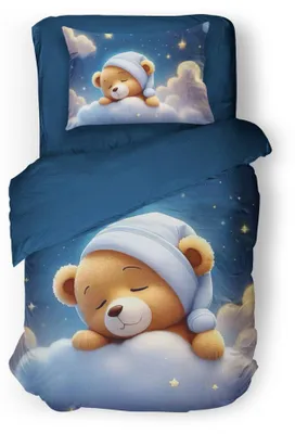 Obrázek produktu pro Unyqoos® Dětská sada povlečení "Medvídek" – motiv medvídka, 140x200/220 cm, modrá, 100% mikrovlákno, pro jednolůžko, včetně povlaku na polštář a se zapínáním na zip