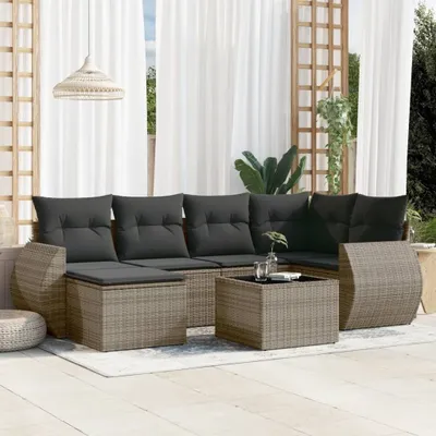 Produktbild von Design 7-tlg. Garten-Sofagarnitur mit Kissen Grau Poly Rattan, Gartenmöbel-Sets 2024 Neu