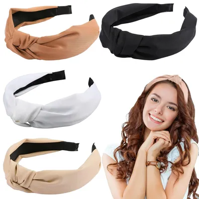 Produktbild von 4 Stück Stirnbänder für Damen, Haarreifen Damen Haarband geknotete Stirnbänder Boho breites Knoten-Haarband elastische Haarreifen modische Haar-Accessoires für Damen und Mädchen (Set A)