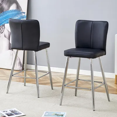 Image de Lot de 2 tabourets de bar, 101 cm, cuirPolyuréthanenoir, pieds en métal argenté, ergonomiques