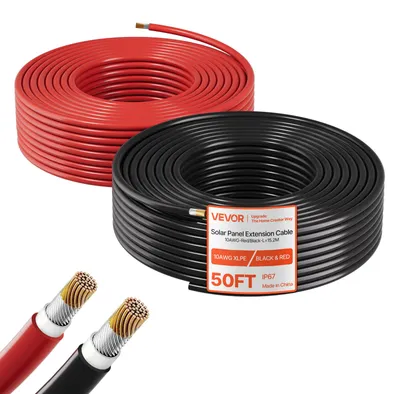 Produktbild von VEVOR Solarkabelverlängerung, 15,2 m Schwarz & 15,2 m Rot, 10 AWG Solarverlängerungskabel, Verzinntes Kupferkabel für Netzunabhängige Photovoltaikanlagen an Haus, Fahrzeugen, RV, Booten, IP67