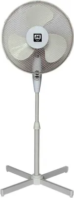 A white pedestal fan is shown against a white background.