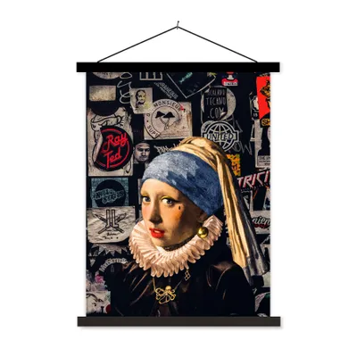 Obrázok produktu pre MuchoWow® Textilný plagát - Dievča s perlovou náušnicou - Zlato - Tetovanie - 40x53cm - S čiernymi lamelami