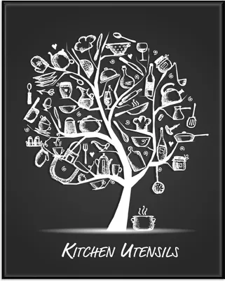 Produktbild von Wallario Wandbild Kitchen Utensils - Baum aus Küchenutensilien in schwarz weiß, Größe: 40,30 x 50,30 cm, Poster mit schwarzem Aluminiumrahmen