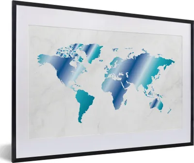 Produktbild von MuchoWow® MuchoWow® Gerahmtes Poster Weltkarte - Blau - Marmor 60x40 cm - Poster mit zchwarzem Bilderrahmen - Schlafzimmer - Plakat in Rahmen - Drucken