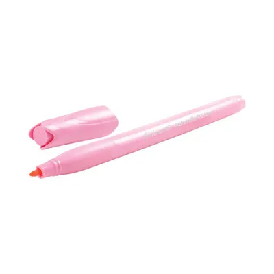 A pink highlighter pen with its cap off, lying on a white background.