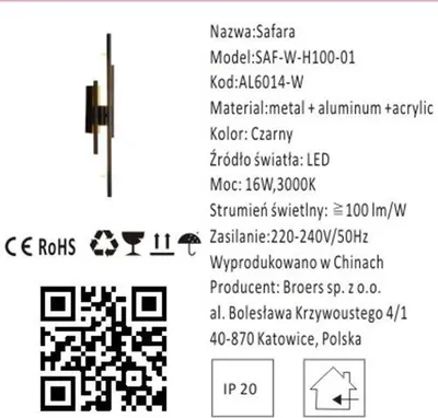 Obrázek produktu pro Safara - elegantní moderní nástěnná lampa LED černá 100 cm