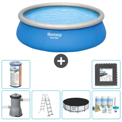 Produktbild von Bestway runder aufblasbarer Fast-Set-Schwimmpool – 457 x 122 cm – Blau – inklusive Pumpe – Leiter Abdeckung - Wartungspaket - Filter - Bodenfliesen