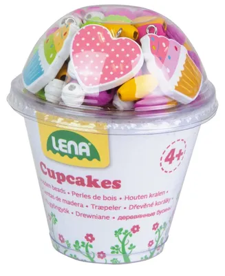 Obrázok produktu pre LENA drevené korálky cupcakes ružové, 170 korálok, 3 prívesky a 3 šnúrky,, vo farebnej krabičke,, banderole s informáciami o výrobku