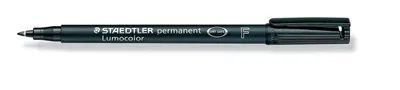 A black Staedtler Lumocolor permanent marker is shown against a white background.