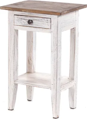 A white and brown wooden side table with a drawer and a shelf.