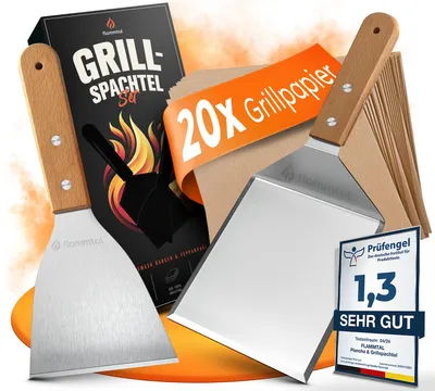 Produktbild von flammtal [Das Original] - Smash Burger Set mit 20x Burgerpapier - Grillspachtel Set aus Edelstahl - hochwertiges Plancha - Echtholzgriff - Teppanyaki