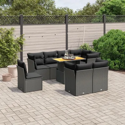 Produktbild von 9-tlg. Garten-Sofagarnitur - mit Kissen Schwarz Poly Rattan - Gartenmöbelset 3270929