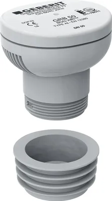 A white and gray plumbing component, likely a pipe vent or air admittance valve, shown with a separate sealing ring.