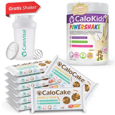 Produktbild von Zunahme-Bundle für Kinder: 8x CaloCake Hochkalorische Riegel (Cookies & Cream) + 500g CaloKids+ Powershake Vanille + GRATIS Shaker