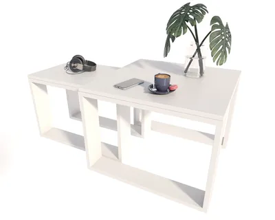 Produktbild von Couchtisch mit Loft, Beistelltisch Holztisch für Wohnzimmer, Sofatisch klein Holz, Wohnzimmertisch, Weiß zwei Tiscch