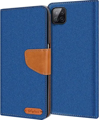 A blue flip case for a smartphone is shown open, revealing the inside of the case and the back of a smartphone.