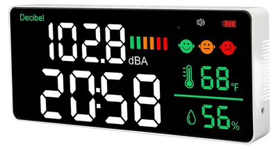 Obrázok produktu pre Decibelový merač 30 až 130db Nástenný snímač úrovne zvuku 11 palcový LED časový merač teploty vlhkosti