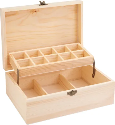 An open wooden storage box with multiple compartments, shown against a white background.