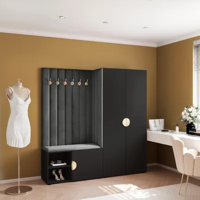 Produktbild von Garderobe ARIA 1 190 cm Schwarz Gepolstert Graphit Soft-Close Moon Griffe Gold