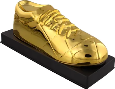 A golden boot trophy on a black base, presented against a white background.